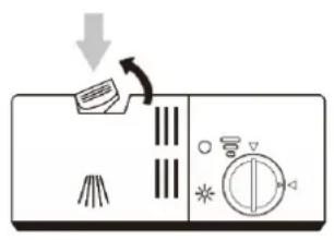 Diagram showing a kitchen control panel with icons for cleaning and lighting, including a drop and rotation arrow.