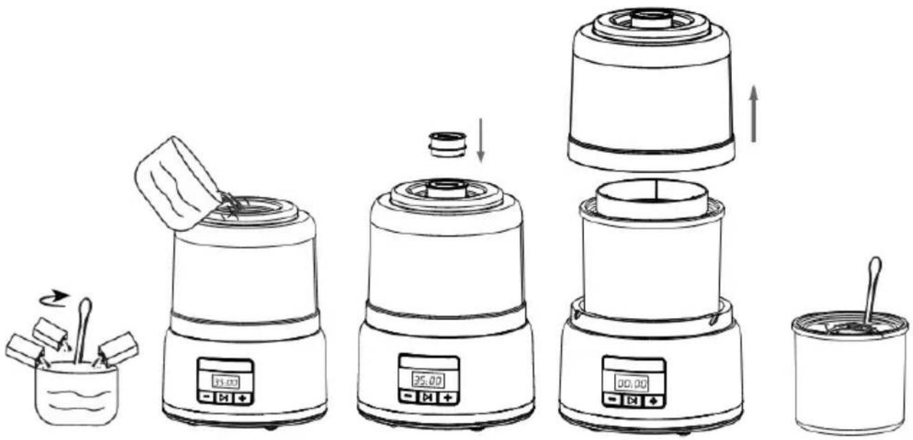 Line drawing showing the step-by-step installation of a blender with digital display, brush, and brush dropouts.
