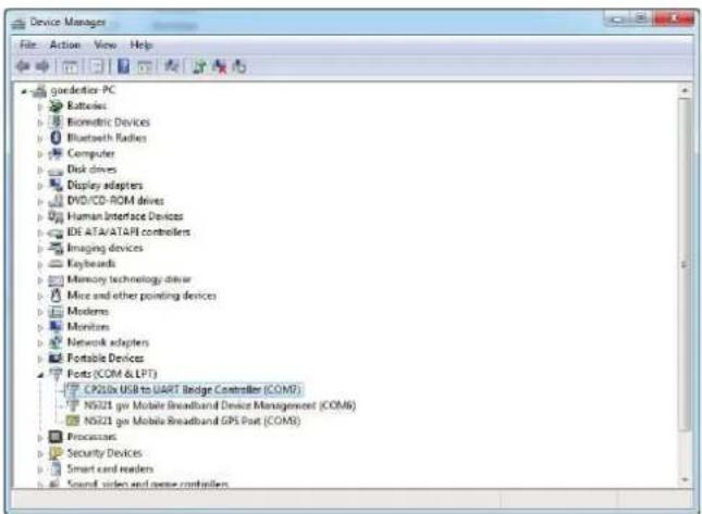 Device Manager File Action View Help gordetier-PC Batteries Biometric Devices Bluetooth Radios Computer Disk drives Display adapters DVD/CD-ROM drives Human Interface Devices IDE ATA/ATAPI controllers Imaging devices Keyboards Memory technology driver Mice and other pointing devices Moderns Monitors Network adapters Portable Devices Ports (COM & LPT) CPOLix USB to UART Bridge Controller (COMP) NS221 go Mobile Broadband Device Management (COM6) NS221 go Mobile Broadband GPS Part (COM5) Processes Security Devices Smart card readers Sound video and voice controllers