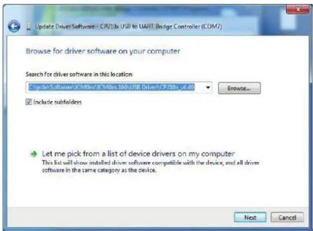 Update Driver Software = CP210x USB to UART Bridge Controller (COM7) Browse for driver software on your computer Search for driver software in this location: C:\Option\Software\CVMIn\ICVMiles\160\USB Driver\CP210x_ud.40 Include subfolders Let me pick from a list of device drivers on my computer This list will show installed driver software compatible with the device, and all driver software in the same category as the device. Next Cancel
