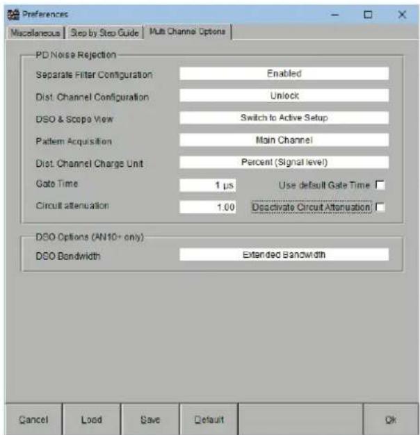 Preferences Miscellaneous | Step by Step Guide | Multi Channel Options | PD Noise Rejection Separate Filter Configuration Enabled Dist. Channel Configuration Unlock DSO & Scope View Switch to Active Setup Pattern Acquisition Main Channel Dist. Channel Charge Unit Percent (Signal level) Gate Time 1 µs Use default Gate Time Circuit attenuation 1.00 Disactivate Circuit Attenuation DSO Options (AN10+ only) DSO Bandwidth Extended Bandwidth Cancel Load Save Default Ok