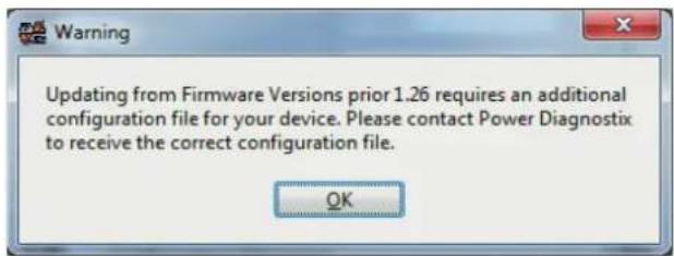 Warning Updating from Firmware Versions prior 1.26 requires an additional configuration file for your device. Please contact Power Diagnostix to receive the correct configuration file. OK