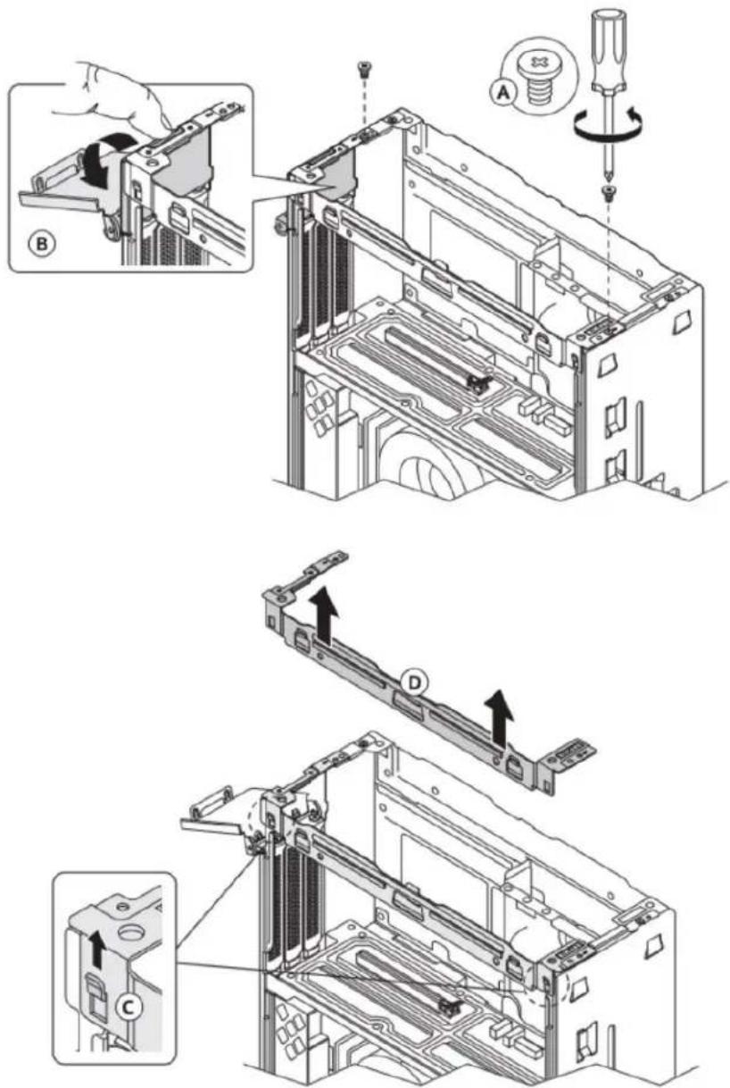 Technical diagram illustrating the assembly of a computer drive, showing exploded and assembled views with labeled components A, B, C, D.