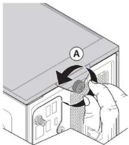 Diagram showing a hand operating a device with labeled component 'A' and directional arrow indicating rotation or adjustment.
