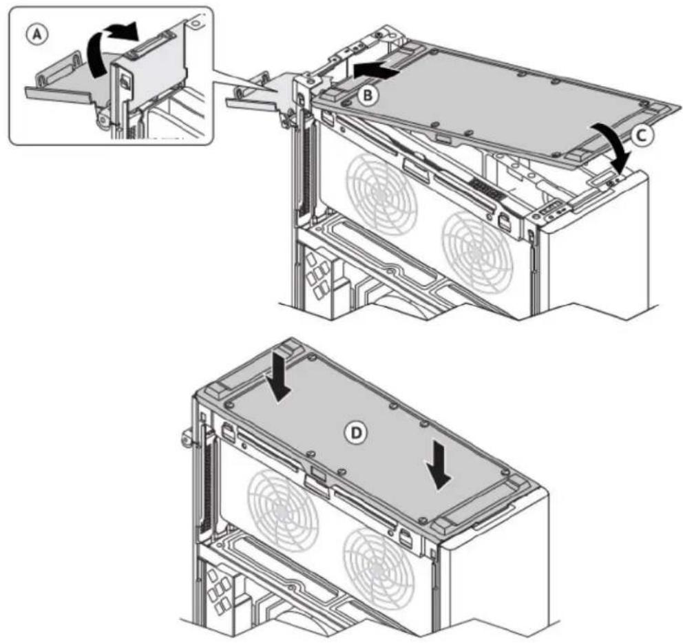 Technical diagram showing assembly steps of a computer drive with labeled components A, B, C, and D