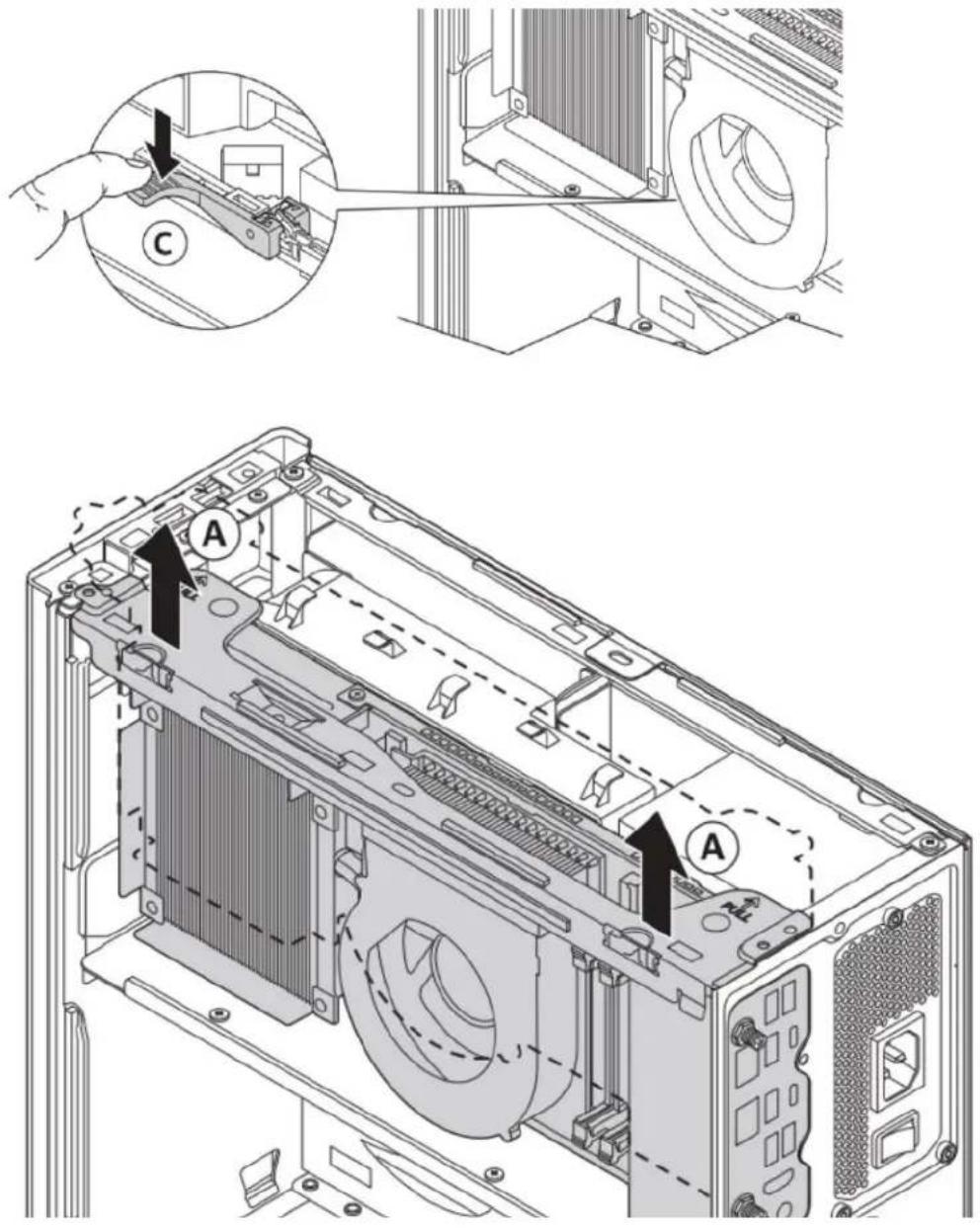 Technical diagram showing assembly of a computer tower with labeled components and directional arrows indicating assembly steps.