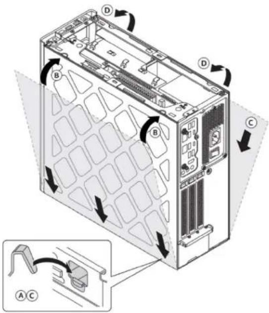 Technical diagram of a server rack with labeled components and directional arrows indicating assembly or movement.