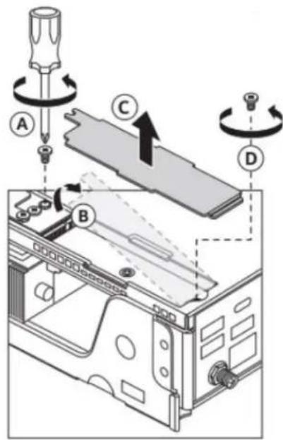 Diagram of a device assembly showing labeled parts A, B, C, D with directional arrows indicating motion or movement.