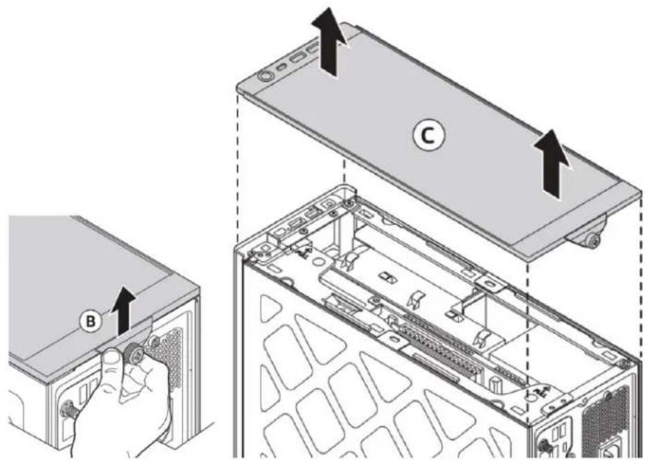 Diagram showing device rear panel assembly with labeled components A, B, and C, including a hand interacting with the front panel.