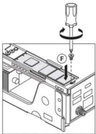 Technical diagram showing a screwdriver pressing a component into a device with a force indicator labeled 'F'