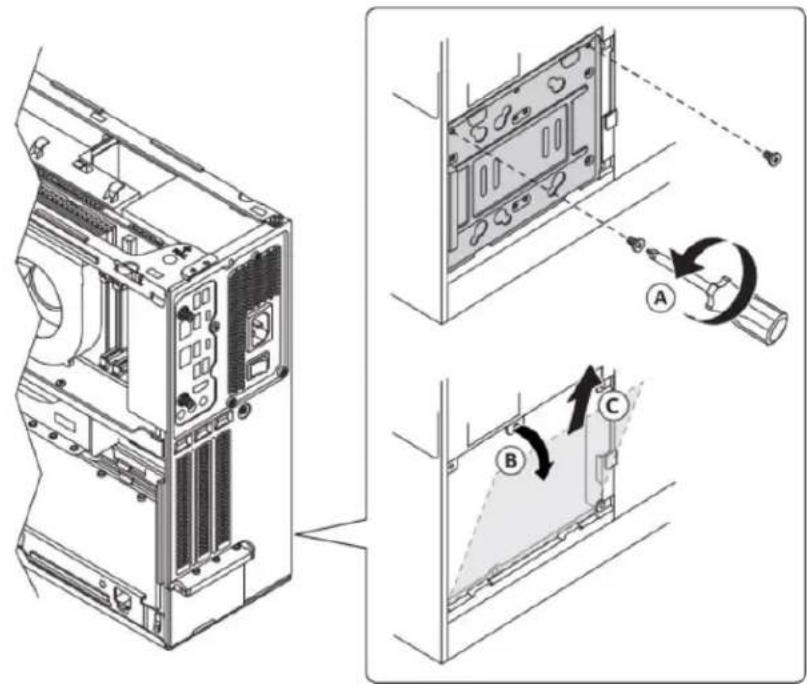 Technical diagram showing server rack installation with labeled components A, B, and C, including a close-up view of the rack.