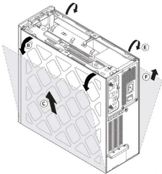 Diagram of a server rack with labeled components and directional arrows indicating assembly or movement.
