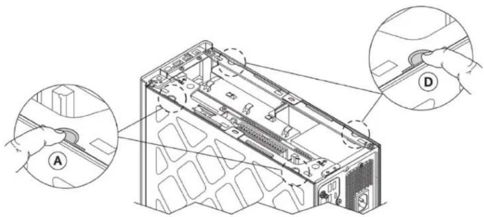 Technical diagram of a server rack with labeled components A and D, showing internal structure and hand placement.