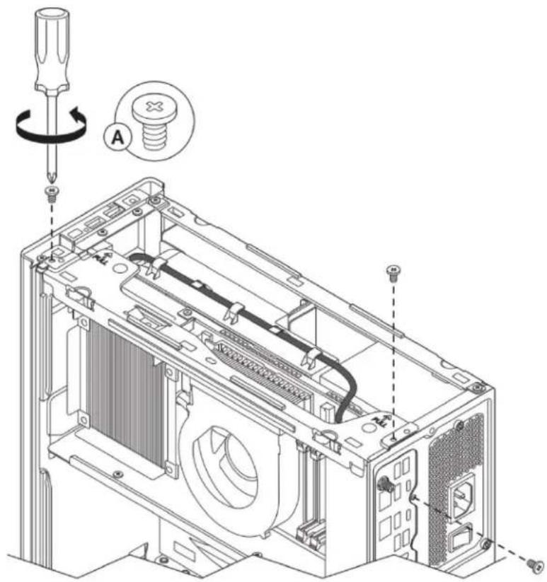 Technical diagram of an open computer case with screwdriver and screwdriver assembly, showing internal components and component callouts.