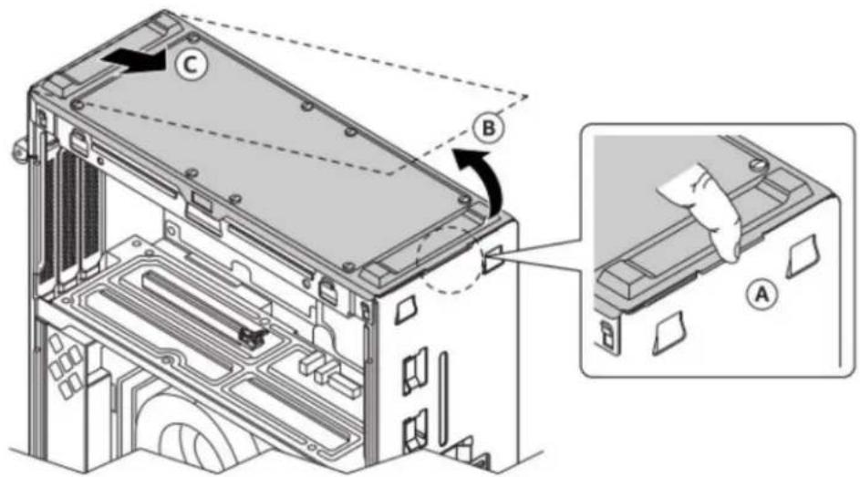 Technical diagram of a computer chassis with labeled components and an inset showing a close-up view of the internal structure.