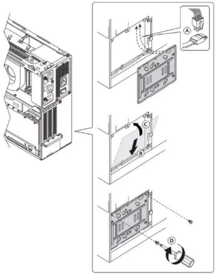 Technical diagram showing server rack installation steps with labeled components A, B, C, D and directional arrows indicating motion.