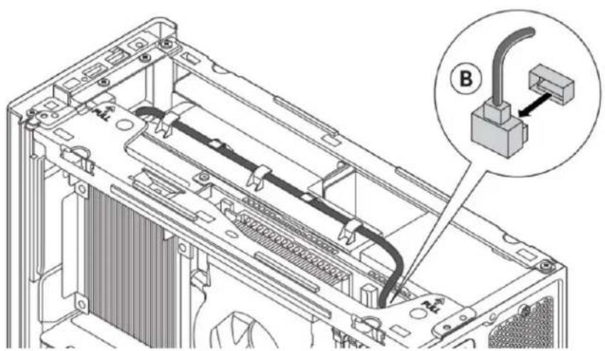 Technical diagram of a computer chassis showing internal components and a labeled connector (B)