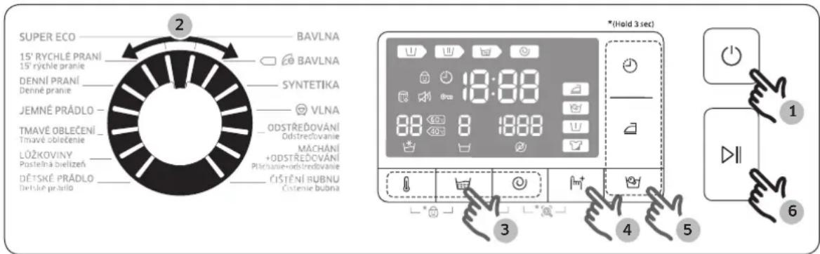 SUPER ECO 15' RYCHLÉ PRANÍ 15' rýchle pranie DENNÍ PRANÍ Denné pranie JEMNÉ PRÁDLO - TMAVÉ OBLEČENÍ Tmavé obiectenie LÜŽKOVINY Postelná bieřízení DĚTSKÉ PRÁDLO Bělské prátlo BAVLNA BAVLNA SYNTETIKA VLNA ODSTŘEDOVÁNÍ Odstředovanie MACHÁNÍ +ODSTŘEDOVÁNÍ Příchanie+odstředovanie ČISTĚNÍ BUBNU Čistenie bubna (Hold 3 sec) 18:00 88 400 8 1888 3 4 5