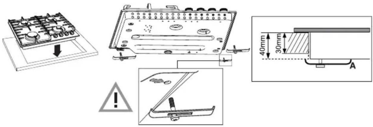 Technical diagram showing a mechanical assembly with labeled dimensions and warning indicators