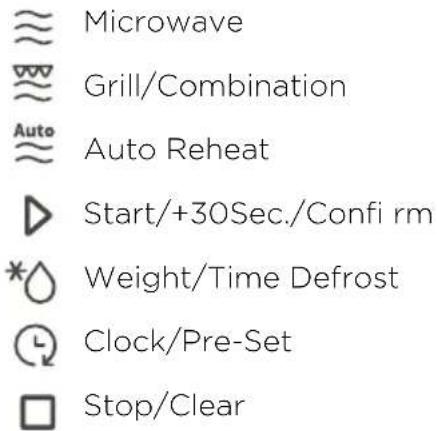 ≈ Microwave ≈ Grill/Combination ≈ Auto Reheat ▷ Start/+30Sec./Confir rm *○ Weight/Time Defrost ○ Clock/Pre-Set □ Stop/Clear