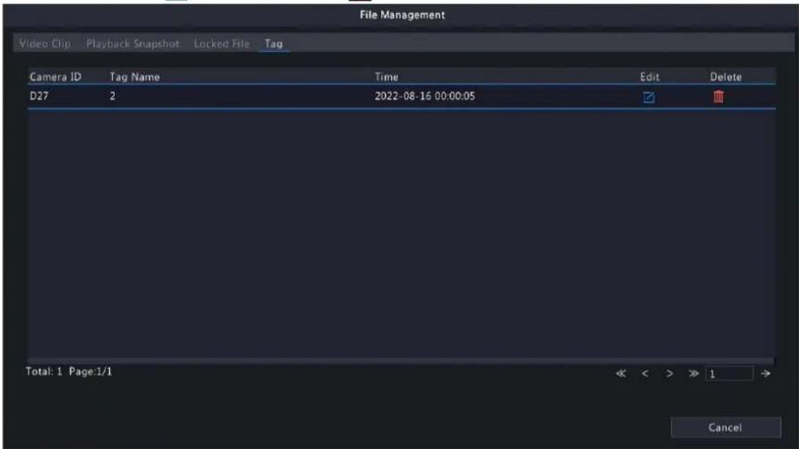 File Management Video Clip Playback Snapshot Locked File Tag Camera ID Tag Name Time Edit Delete D27 2 2022-08-16 00:00:05 Total: 1 Page:1/1 << >> 1 > Cancel