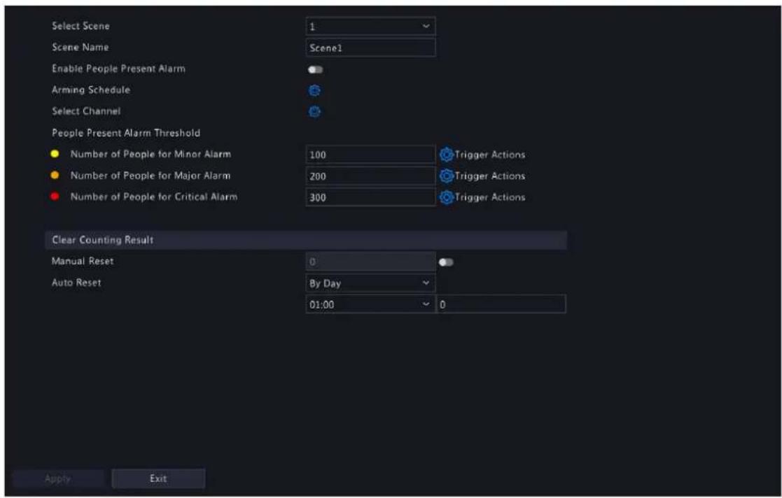 Select Scene 1 Scene Name Scenel Enable People Present Alarm Arming Schedule Select Channel People Present Alarm Threshold Number of People for Minor Alarm 100 Trigger Actions Number of People for Major Alarm 200 Trigger Actions Number of People for Critical Alarm 300 Trigger Actions Clear Counting Result Manual Reset 0 Auto Reset By Day 01:00 0 Apply Exit