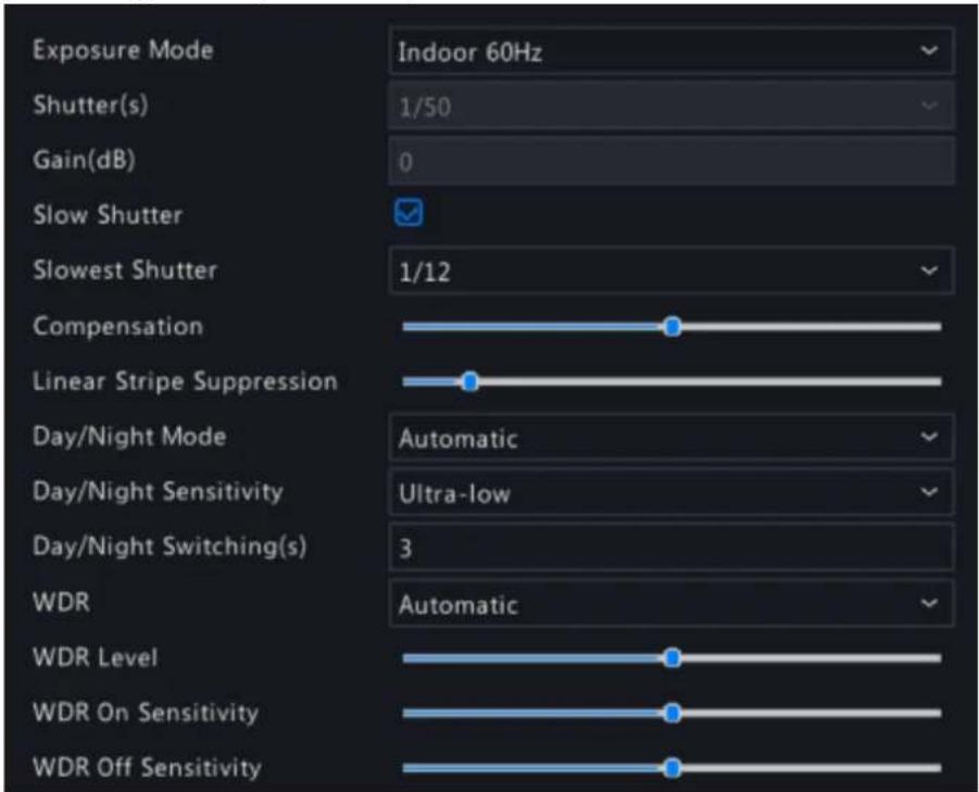 Exposure Mode Shutter(s) Gain(dB) Slow Shutter Slowest Shutter Compensation Linear Stripe Suppression Day/Night Mode Day/Night Sensitivity Day/Night Switching(s) WDR WDR Level WDR On Sensitivity WDR Off Sensitivity Indoor 60Hz 1/50 0 1/12 Automatic Ultra-low 3 Automatic