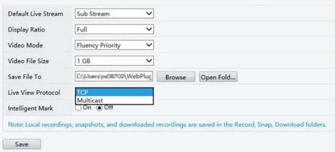 Default Live Stream Sub Stream Display Ratio Full Video Mode Fluency Priority Video File Size 1 GB Save File To C:\Users\webPlus\WebPlug Browse Open Fold... Live View Protocol TCP Multicast Intelligent Mark On Off Note: Local recordings, snapshots, and downloaded recordings are saved in the Record, Snap, Download folders. Save