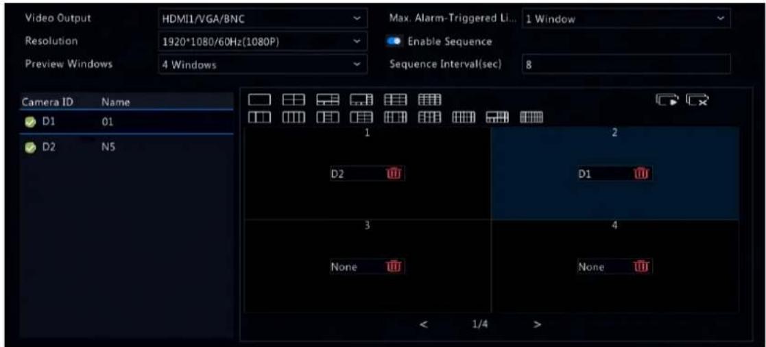 Video Output HDMI1/VGA/BNC Max. Alarm-Triggered Li... 1 Window Resolution 1920*1080/60Hz(1080P) Enable Sequence Preview Windows 4 Windows Sequence Interval(sec) 8 Camera ID Name D1 01 D2 N5 1 2 D2 D1 3 4 None None < 1/4 >