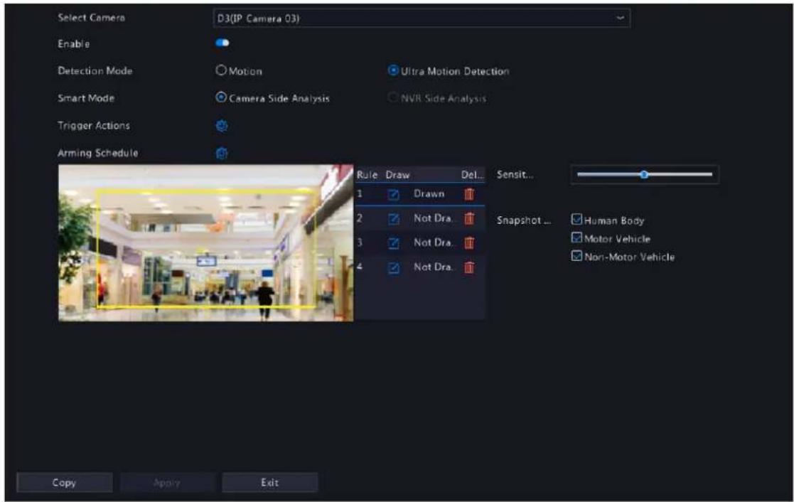 Select Camera D3(IP Camera 03) Enable Detection Mode Motion Ultra Motion Detection Smart Mode Camera Side Analysis NVR Side Analysis Trigger Actions Arming Schedule Rule Draw Del... 1 Drawn 2 Not Dra. 3 Not Dra. 4 Not Dra. Sensit... Snapshot ... Human Body Motor Vehicle Non-Motor Vehicle Copy Apply Exit