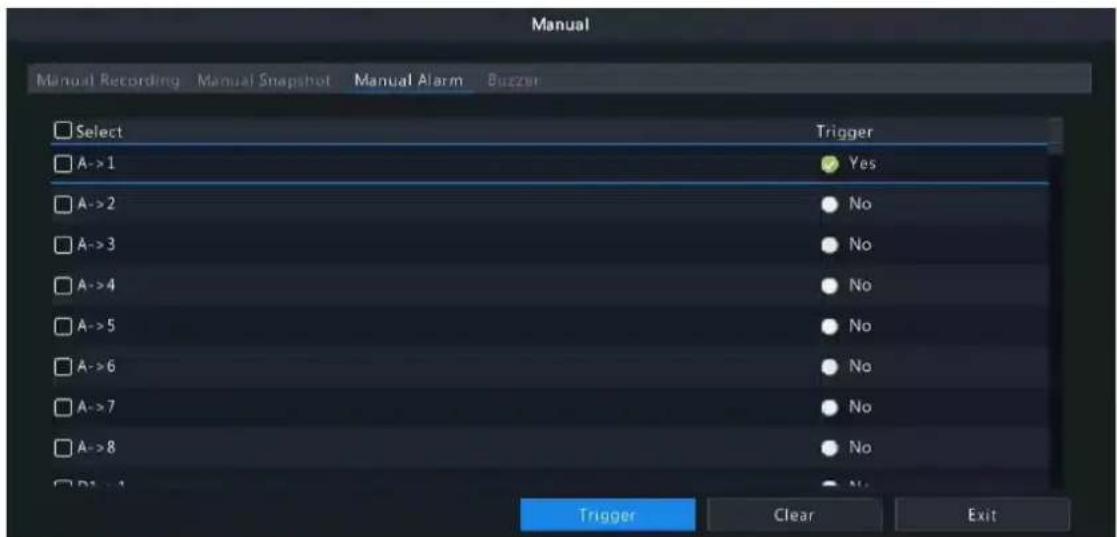 Manual Manual Recording Manual Snapshot Manual Alarm Buzzer Select Trigger A->1 Yes A->2 No A->3 No A->4 No A->5 No A->6 No A->7 No A->8 No B->1 No Trigger Clear Exit
