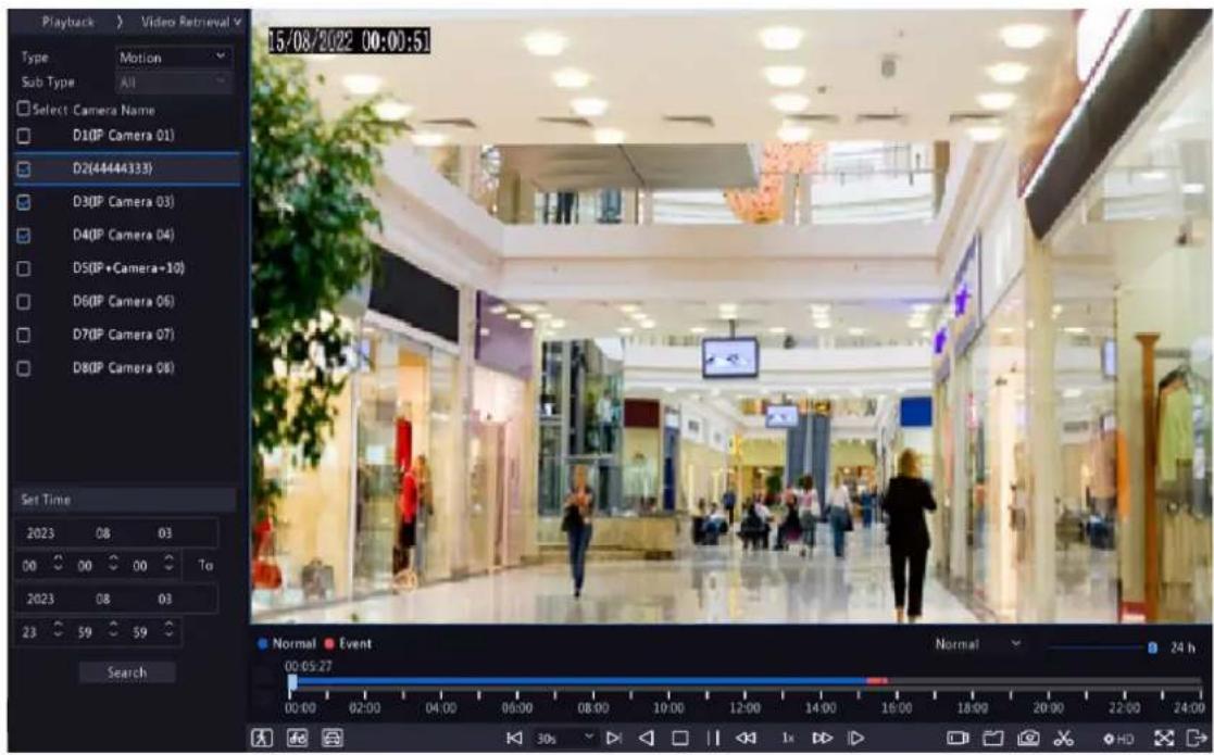 Playback > Video Retrieval Type Motion Sub Type All Select Camera Name D10P Camera 01) D2(44444333) D30P Camera 03) D40P Camera 04) D50P+Camera+10) D60P Camera 06) D70P Camera 07) D80P Camera 08) 15/08/2022 00:00:51 Set Time 2023 08 03 00 00 00 To 2023 08 03 23 59 59 Search Normal Event Normal 24 h 00:05:27 00:00 02:00 04:00 06:00 08:00 10:00 12:00 14:00 16:00 18:00 20:00 22:00 24:00 30s HD