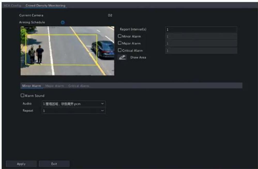 VCA Config Crowd Density Monitoring Current Camera D2 Arming Schedule Report Interval(s) 1 Minor Alarm 1 Major Alarm 1 Critical Alarm 1 Draw Area Minor Alarm Major Alarm Critical Alarm Alarm Sound Audio 1 要老区域,呼吸离音 pcm Repeat 1 Apply Exit