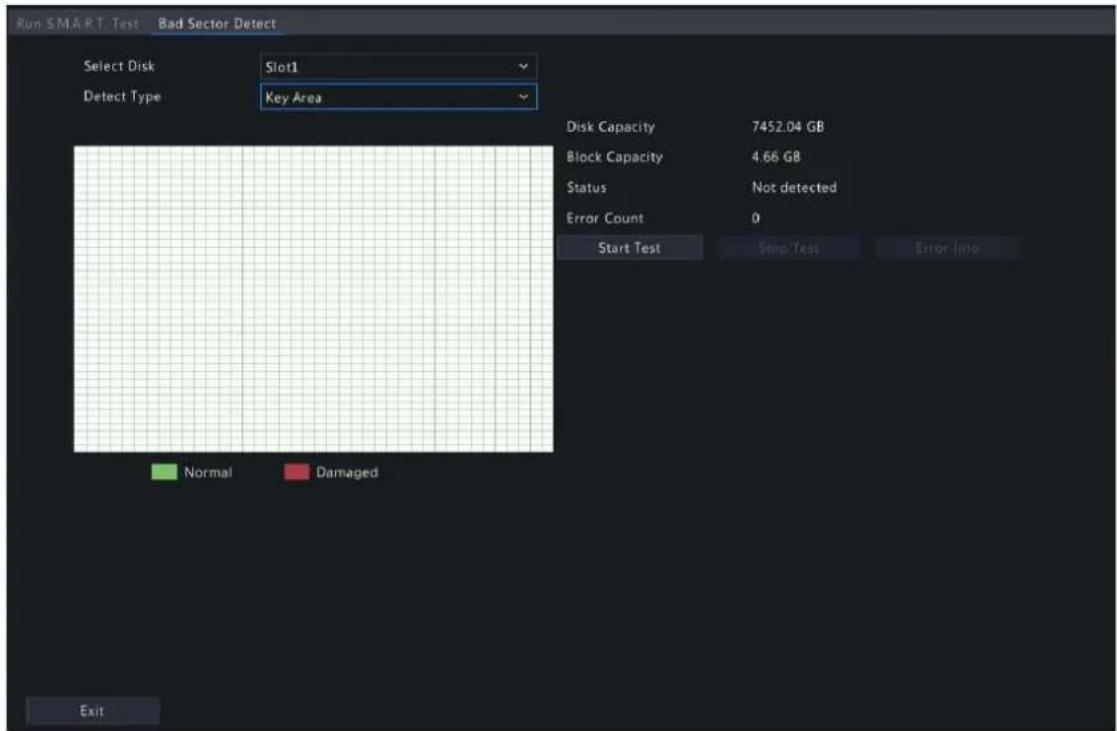 Run SMART Test Bad Sector Detect Select Disk Slot1 Detect Type Key Area Disk Capacity 7452.04 GB Block Capacity 4.66 GB Status Not detected Error Count 0 Start Test Stop Test Error Info Normal Damaged Exit