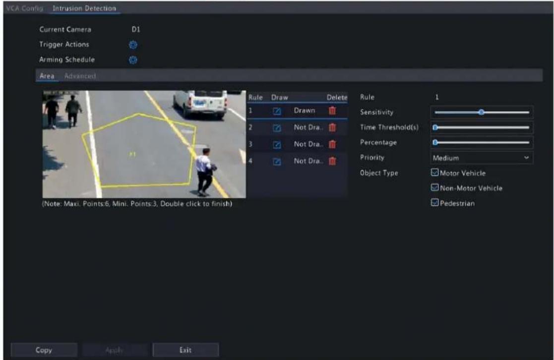 VCA Config - Intrusion Detection Current Camera D1 Trigger Actions Arming Schedule Area Advanced Rule Draw Delete 1 Drawn 2 Not Dra.. 3 Not Dra.. 4 Not Dra.. Rule 1 Sensitivity Time Threshold(s) Percentage Priority Medium Object Type Motor Vehicle Non-Motor Vehicle Pedestrian (Note: Maxi. Points:6, Mini. Points:3, Double click to finish) Copy Apply Exit