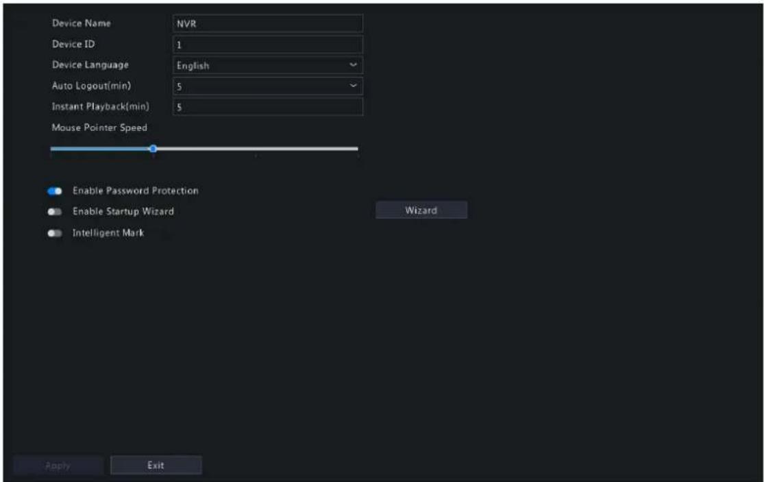 Device Name NVR Device ID 1 Device Language English Auto Logout(min) 5 Instant Playback(min) 5 Mouse Pointer Speed Enable Password Protection Enable Startup Wizard Intelligent Mark Wizard Apply Exit