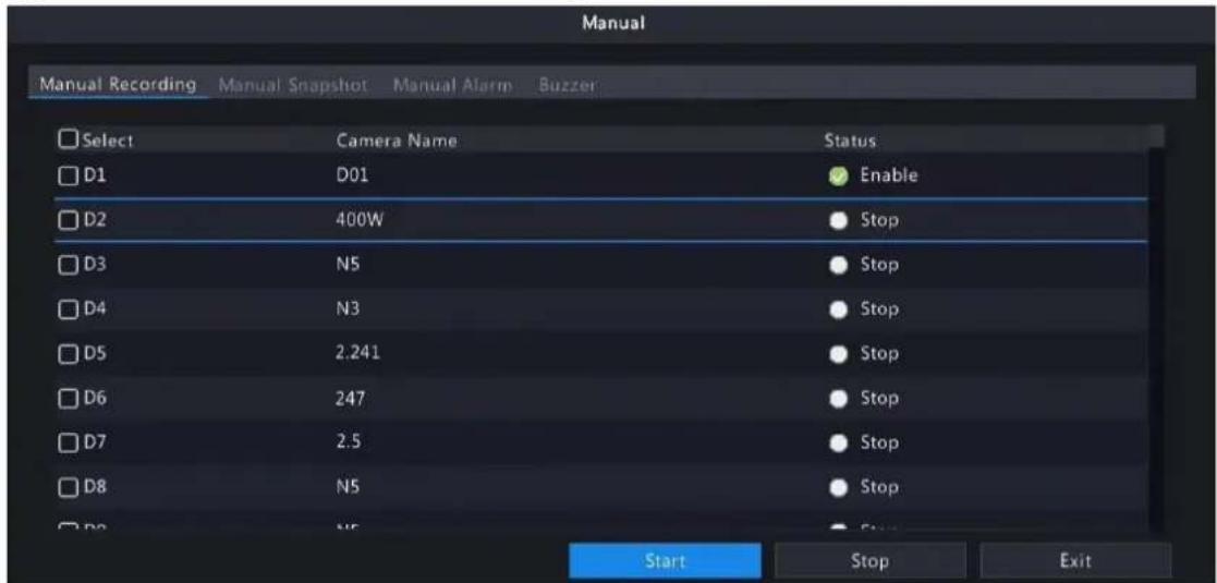 Manual Manual Recording Manual Snapshot Manual Alarm Buzzer Select Camera Name Status D1 D01 Enable D2 400W Stop D3 N5 Stop D4 N3 Stop D5 2.241 Stop D6 247 Stop D7 2.5 Stop D8 N5 Stop Start Stop Exit