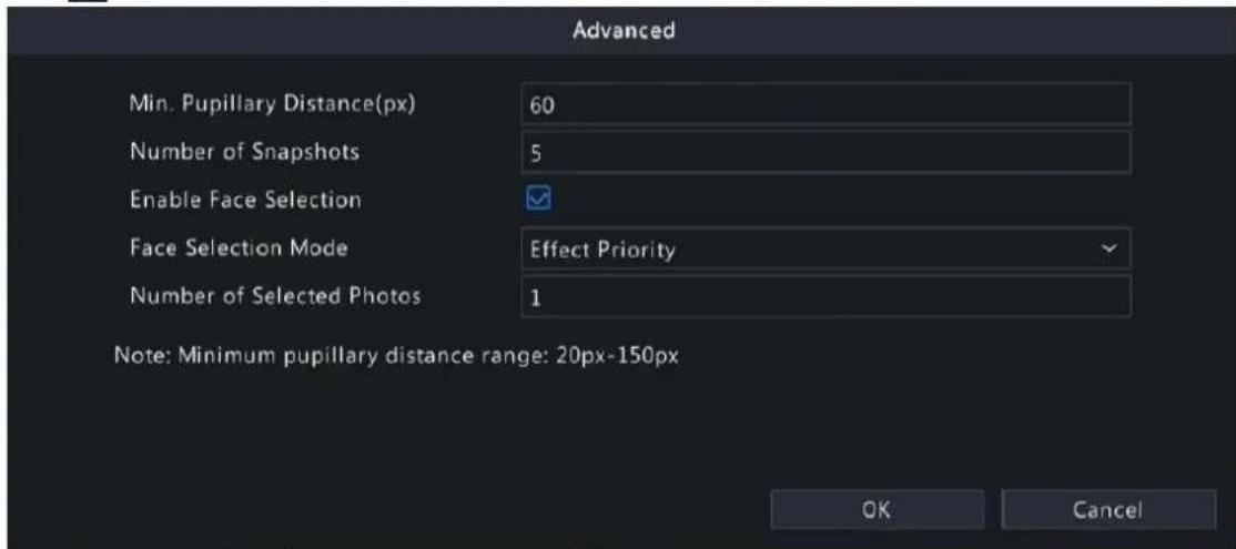 Advanced Min. Pupillary Distance(px) 60 Number of Snapshots 5 Enable Face Selection ✓ Face Selection Mode Effect Priority Number of Selected Photos 1 Note: Minimum pupillary distance range: 20px-150px OK Cancel