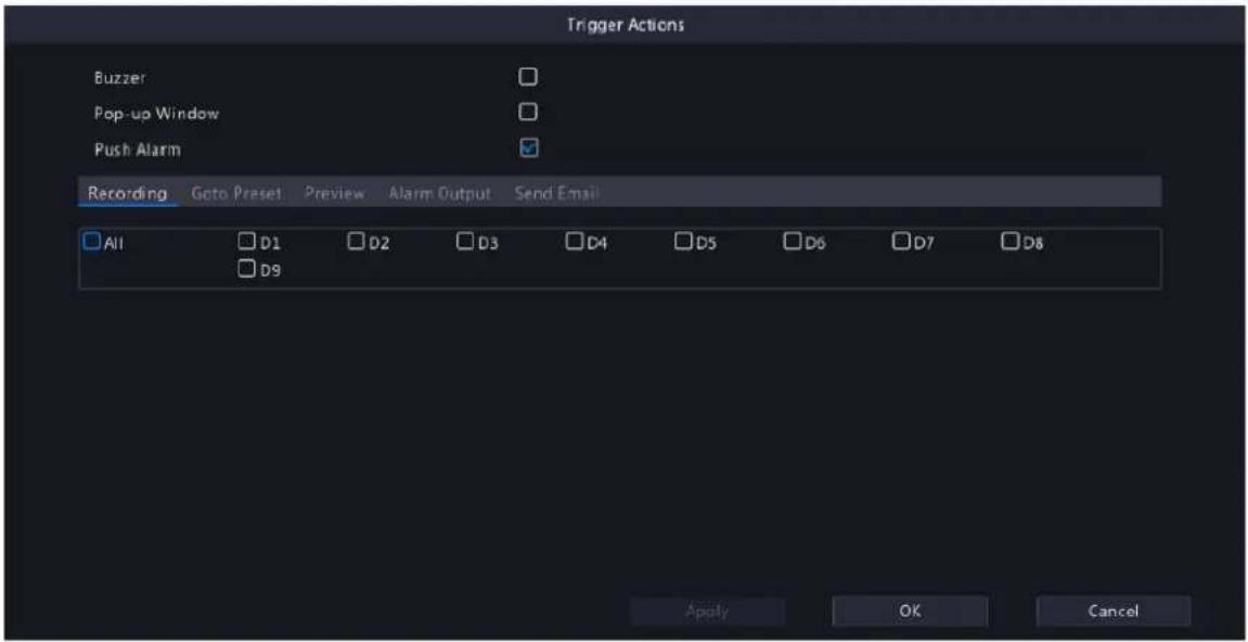 Trigger Actions Buzzer Pop-up Window Push Alarm Recording Goto Preset Preview Alarm Output Send Email All D1 D2 D3 D4 D5 D6 D7 D8 D9 Apply OK Cancel