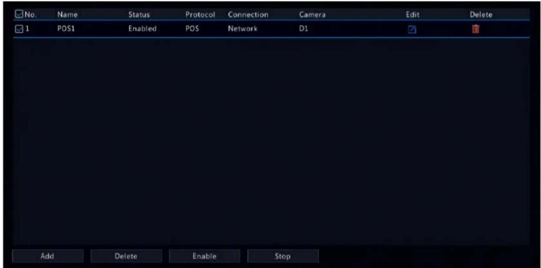 No. Name Status Protocol Connection Camera Edit Delete 1 POS1 Enabled POS Network D1 Add Delete Enable Stop