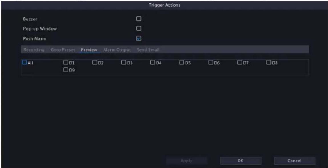 Trigger Actions Buzzer Pop-up Window Push Alarm Recording Goto Preset Preview Alarm Output Send Email All D1 D2 D3 D4 D5 D6 D7 D8 D9 Apply OK Cancel
