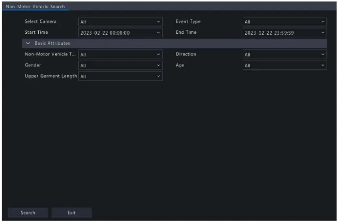 Non-Motor Vehicle Search Select Camera All Event Type All Start Time 2023-02-22 00:00:00 End Time 2023-02-22 23:59:59 Basic Attributes Non-Motor Vehicle T... All Direction All Gender All Age All Upper Garment Length All Search Exit