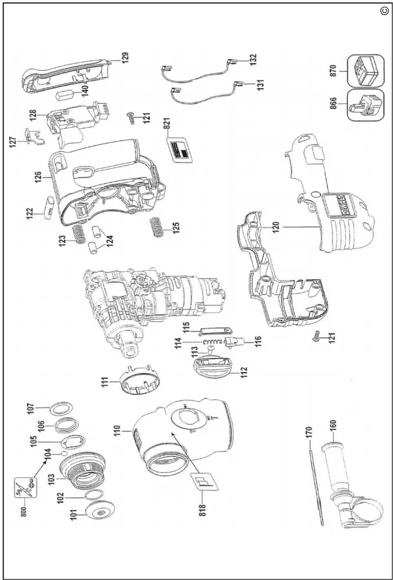 Exploded view diagram of a mechanical device with numbered parts and exploded views