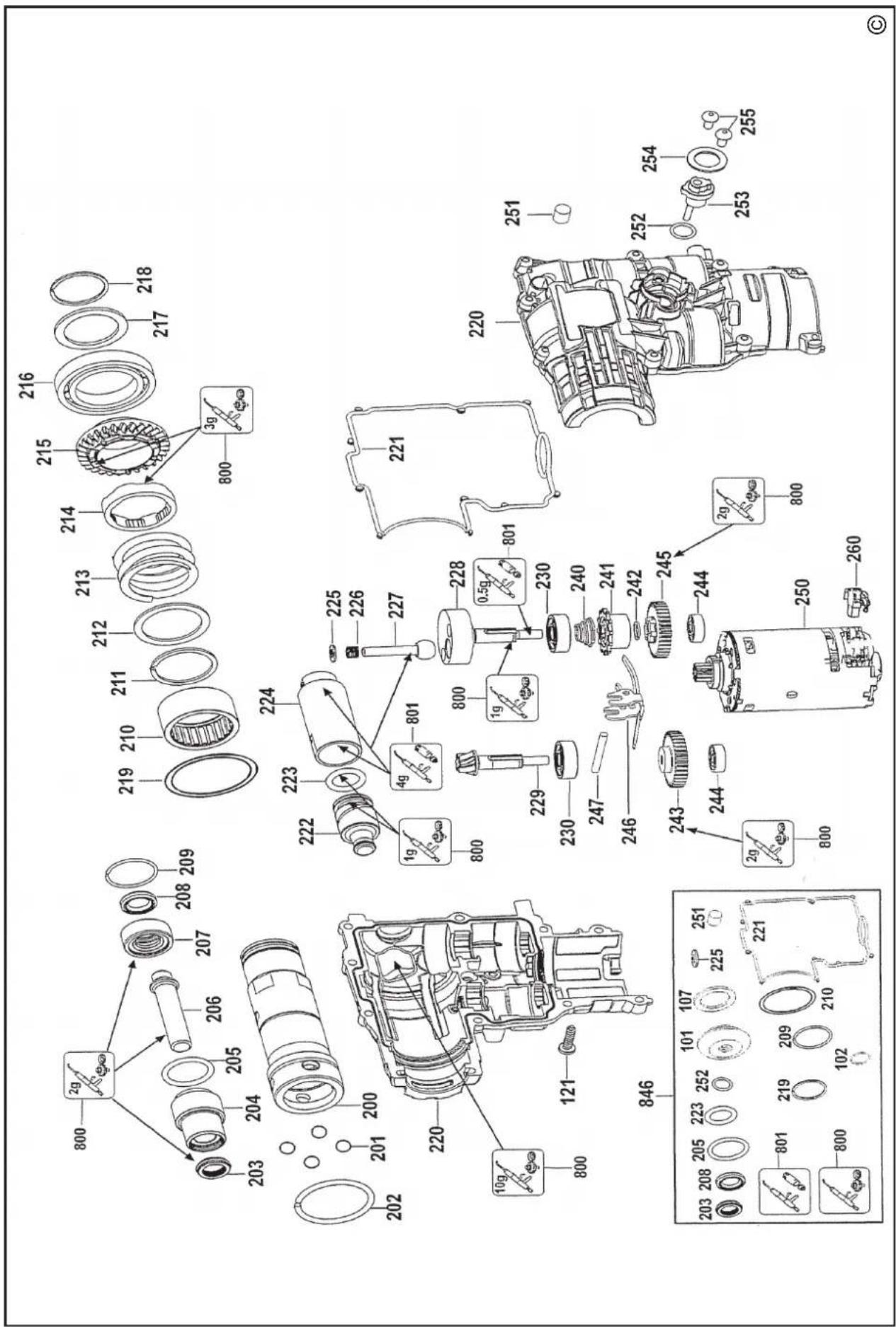 Technical diagram of a mechanical assembly with numbered components and exploded view, including parts like gears, shafts, and housing.