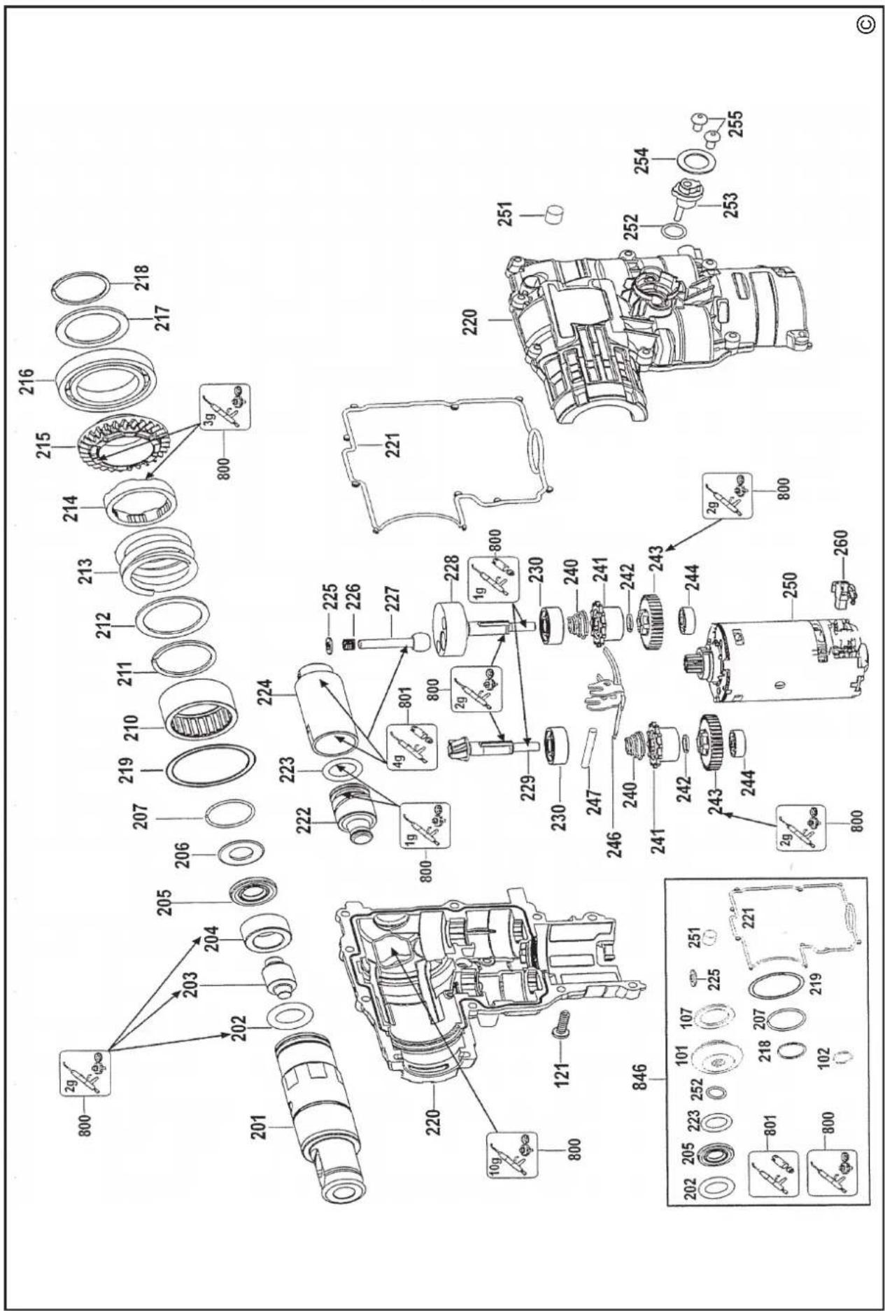 Technical diagram of a mechanical assembly with numbered components and exploded view, including parts like gears, motors, and housing.
