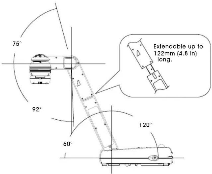 75° 92° 60° 120° Extendable up to 122mm (4.8 in) long.