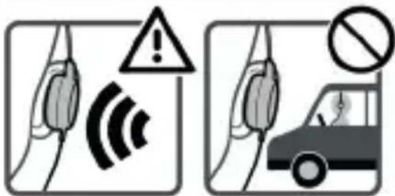 Safety warning illustration showing a hand holding a sensor with signal waves and a car with a 'no' sign indicating no hazard.