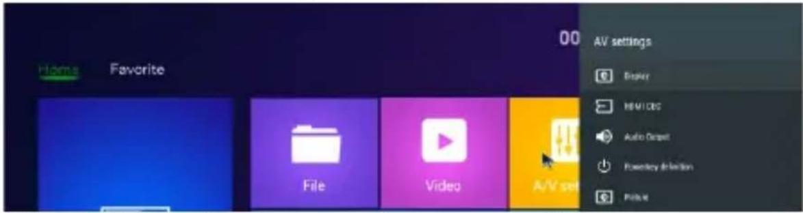 Home Favorite 00 AV settings Display MEM/CEG Audio Output Foreground Direction A/V set