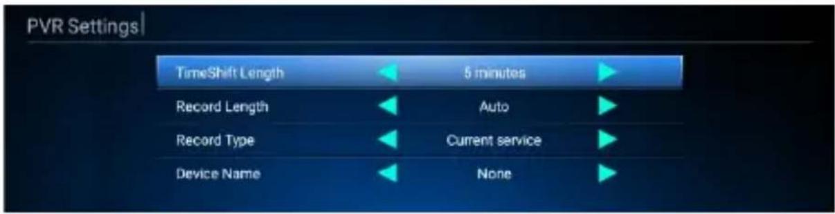 PVR Settings TimeShift Length 5 minutes Record Length Auto Record Type Current service Device Name None