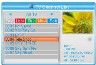 TV Channel List All TV FAV Lock Skip Move Edit 0001 No Name 0002 YooPlay Ga 0003 E4+1 0004 Telecinco 0005 SKY THREE 0006 Sky Spts Ne 0007 Sky News DVB T Telecinco 486 197KH ZBIC 54QAM PID 2013 3032 00 GI: 102 FE C334